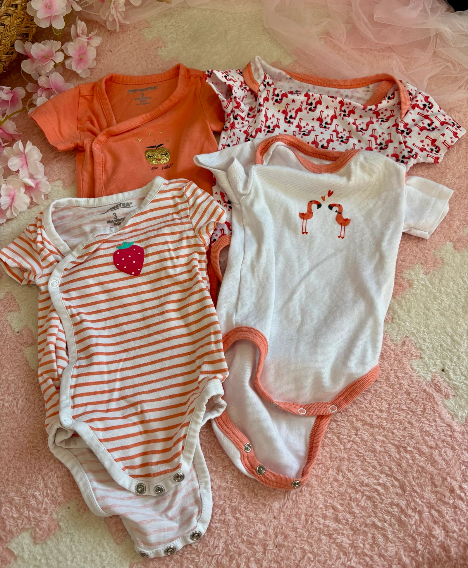 Lot de 4 bodies bébé fille Orchestra 3 mois – Corail & flamants